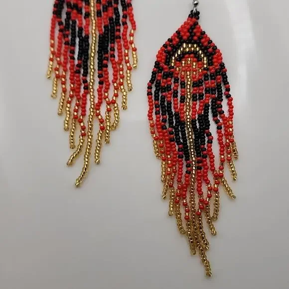 Mayan Sunburst Red Boho Beaded Fringe Earrings - Picture 3 of 3